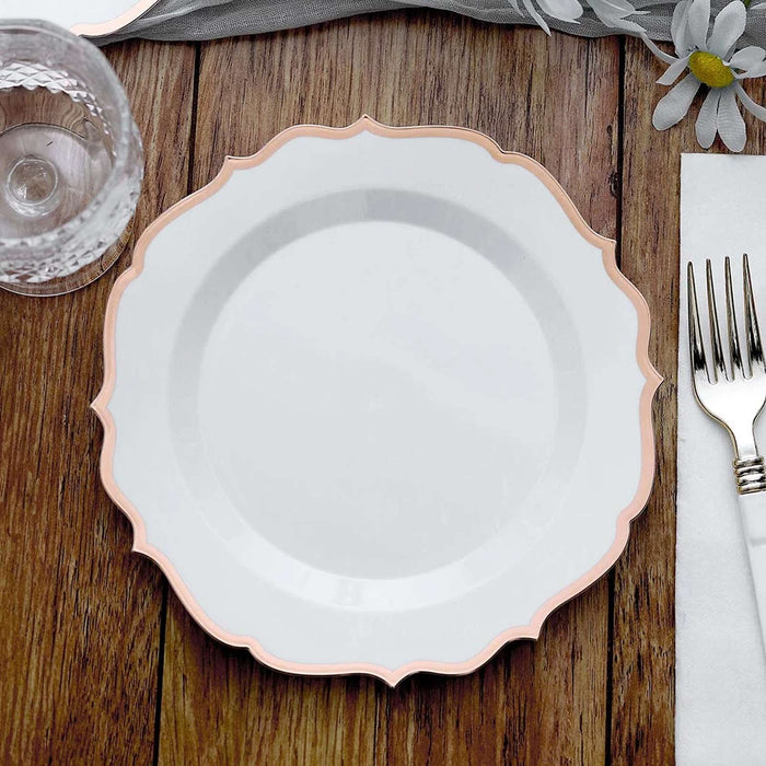8inch White Plastic Dessert Salad Plates, Disposable Tableware Round Blush / Rose Gold Scalloped Rim
