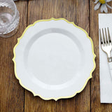 10 Pack 8inch White Plastic Dessert Salad Plates, Disposable Tableware Round With Gold Scalloped Rim