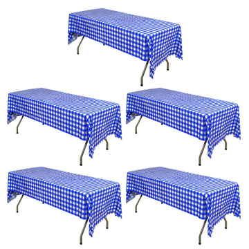 5 Pack White Royal Blue Rectangular Waterproof Plastic Tablecloths in Buffalo Plaid Style, 54"x108" Disposable Checkered Table Covers