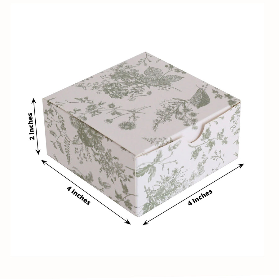 25 Pack White Sage Green Floral Print Paper Party Favor Boxes With Lids