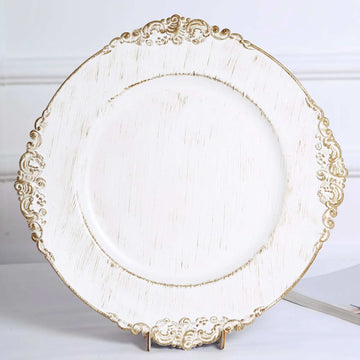 6 Pack 13" White Washed Gold Embossed Baroque Charger Plates, Round With Antique Design Rim