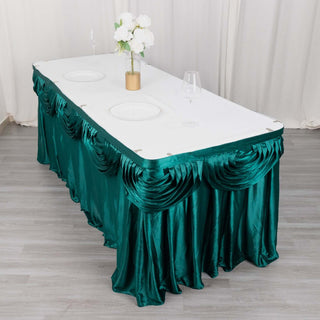 Make a Statement with the 14ft Peacock Teal Pleated Satin Double Drape Table Skirt Make a Statement with the 14ft Peacock Teal Pleated Satin Double Drape Table Skirt
