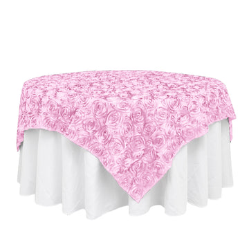 72"x72" Pink 3D Rosette Satin Square Table Overlay