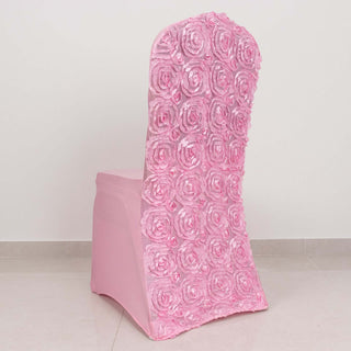 Transform Your Event with Pink Satin Rosette Spandex Stretch Banquet Chair Covers Transform Your Event with Pink Satin Rosette Spandex Stretch Banquet Chair Covers