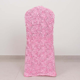 Add Glamour and Elegance with Pink Satin Rosette Spandex Stretch Banquet Chair Covers Add Glamour and Elegance with Pink Satin Rosette Spandex Stretch Banquet Chair Covers