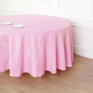 Add a Pop of Elegance with the 120" Pink Seamless Polyester Round Tablecloth Add a Pop of Elegance with the 120" Pink Seamless Polyester Round Tablecloth