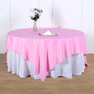 Add Elegance to Your Event with the 90"x90" Pink Square Polyester Table Overlay Add Elegance to Your Event with the 90"x90" Pink Square Polyester Table Overlay