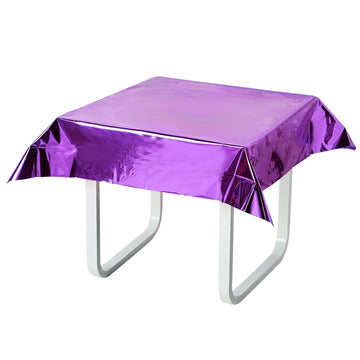 50"x50" Purple Metallic Foil Square Tablecloth, Disposable Table Cover
