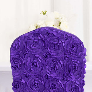Transform Your Event Space with the Purple Satin Rosette Spandex Stretch Banquet Chair Cover Transform Your Event Space with the Purple Satin Rosette Spandex Stretch Banquet Chair Cover
