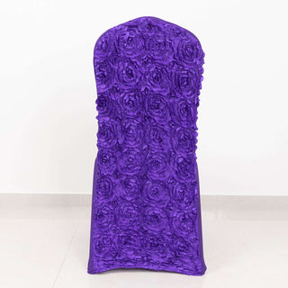 Create a Memorable Event with Purple Satin Rosette Spandex Stretch Banquet Chair Cover Create a Memorable Event with Purple Satin Rosette Spandex Stretch Banquet Chair Cover