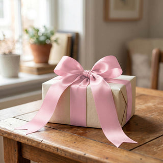 Gift box with pink ribbon bow on wooden table in a cozy room