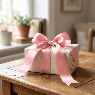 Pink ribbon gift box on a wooden table in a cozy sunlit room