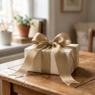 Elegant white gift box with gold ribbon on a wooden table