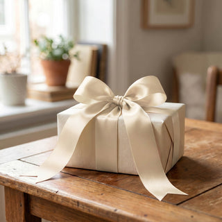 Elegant white gift box with satin ribbon on a wooden table