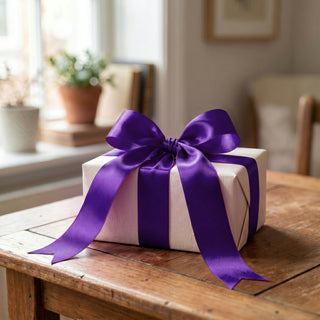 White gift box with purple ribbon bow on wooden table
