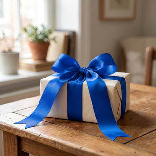 White gift box with blue ribbon bow on wooden table