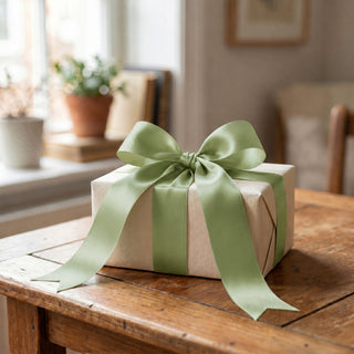 Gift box with green ribbon bow on wooden table in cozy room