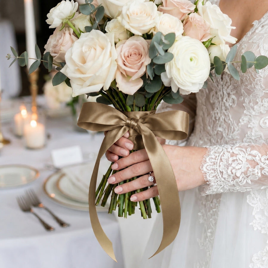 Bride holding elegant white and blush rose bouquet with gold ribbon