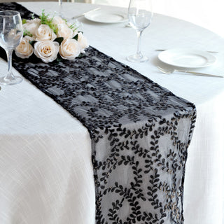 Create a Stunning Black Table Decor with the Sparkly Black Leaf Vine Sequin Tulle Table Runner