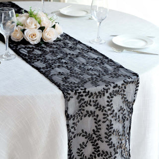 Create a Stunning Black Table Decor with the Sparkly Black Leaf Vine Sequin Tulle Table Runner Create a Stunning Black Table Decor with the Sparkly Black Leaf Vine Sequin Tulle Table Runner