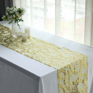 Add a Touch of Luxury with the Sparkly Gold Leaf Vine Sequin Tulle Table Runner Add a Touch of Luxury with the Sparkly Gold Leaf Vine Sequin Tulle Table Runner