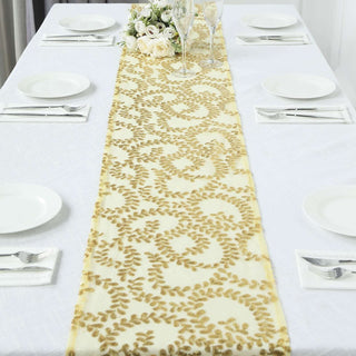 Elevate Your Table Decor with the Sparkly Gold Leaf Vine Sequin Tulle Table Runner Elevate Your Table Decor with the Sparkly Gold Leaf Vine Sequin Tulle Table Runner