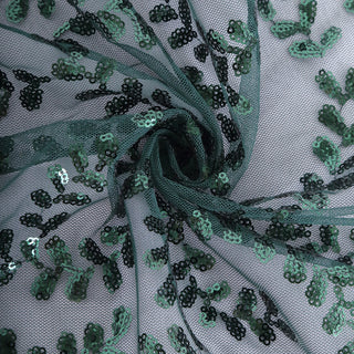 Create a Magical Atmosphere with the Sparkly Hunter Emerald Green Leaf Vine Sequin Tulle Table Runner
