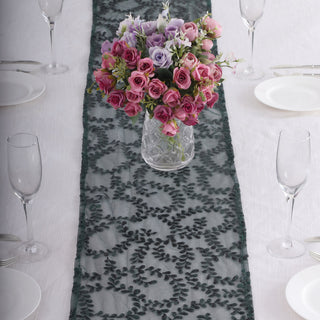 Elevate Your Table Decor with the Sparkly Hunter Emerald Green Leaf Vine Sequin Tulle Table Runner