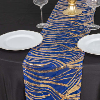 Elevate Your Table Setting with the Royal Blue Gold Wave Embroidered Sequins Table Runner Elevate Your Table Setting with the Royal Blue Gold Wave Embroidered Sequins Table Runner
