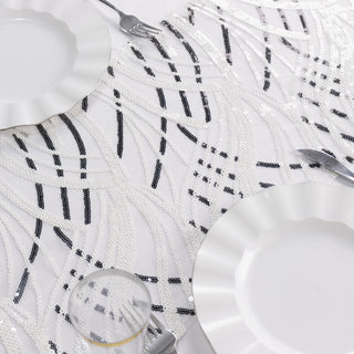 Add Elegance and Style to Your Event Decor with the White Black Wave Embroidered Sequins Table Runner
