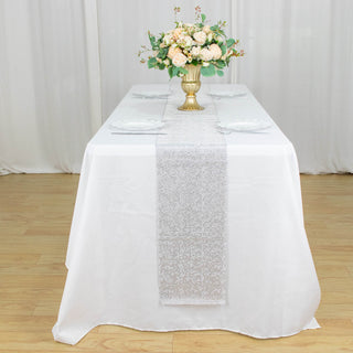 Add a Touch of Glamour with the Silver Diamond Rhinestone Mesh Table Runner