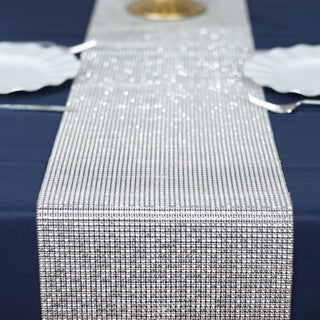 Elevate Your Event with the Silver Diamond Rhinestone Mesh Table Runner