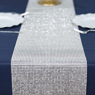 Elevate Your Event with the Silver Diamond Rhinestone Mesh Table Runner Elevate Your Event with the Silver Diamond Rhinestone Mesh Table Runner
