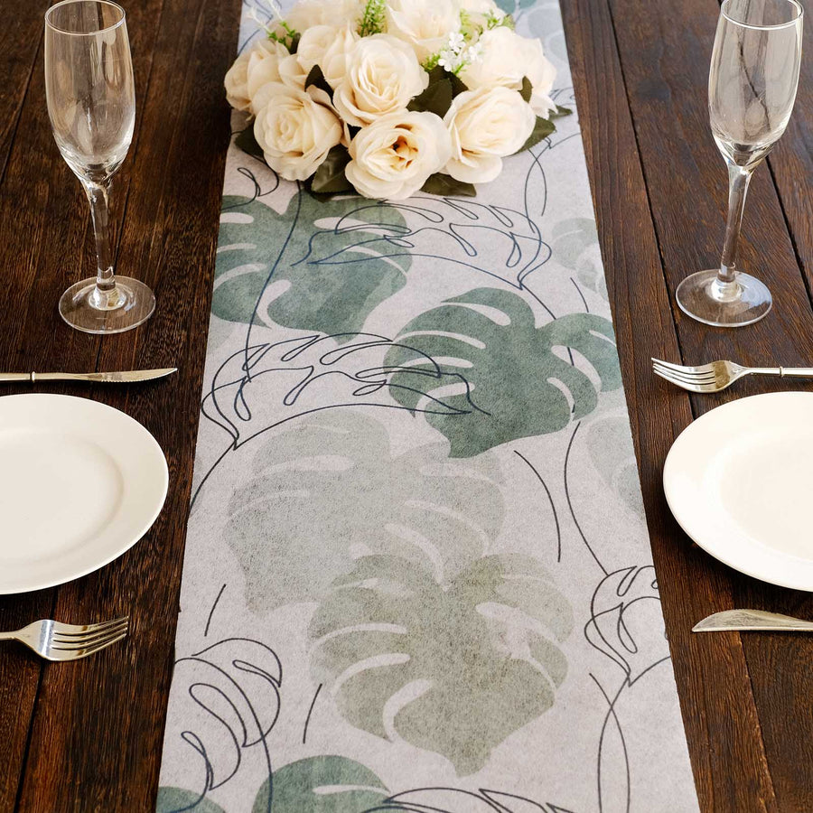 11x108inch White Green Non-Woven Monstera Palm Leaves Print Table Runner, Spring Summer Kitchen