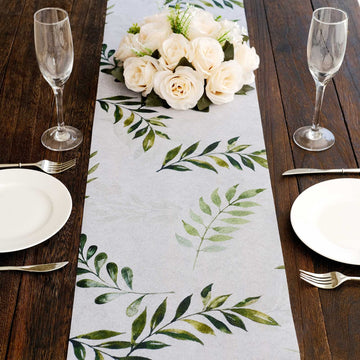 11"x108" White Green Non-Woven Olive Leaves Print Table Runner, Spring Summer Kitchen Dining Table Decoration