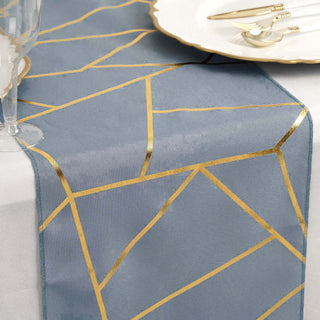 Dusty Blue / Gold Foil Geometric Pattern Polyester Table Runner