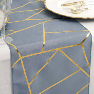 Dusty Blue / Gold Foil Geometric Pattern Polyester Table Runner Dusty Blue / Gold Foil Geometric Pattern Polyester Table Runner