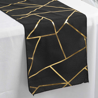 Black / Gold Foil Geometric Pattern Polyester Table Runner Black / Gold Foil Geometric Pattern Polyester Table Runner