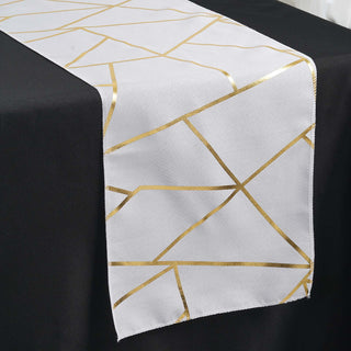 Add Elegance to Your Table with the White/Gold Foil Geometric Pattern Polyester Table Runner Add Elegance to Your Table with the White/Gold Foil Geometric Pattern Polyester Table Runner