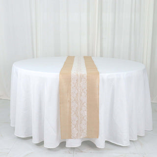 Round table with white tablecloth and burlap lace runner