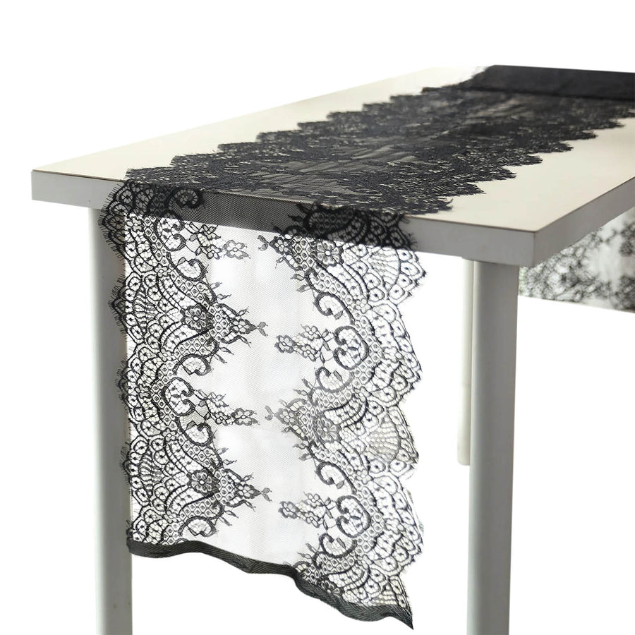 Black Premium Lace Fabric Table Runner, Vintage Classic Table Decor With Scalloped Frill Edges