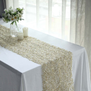 Add a Touch of Glamour with the Gold Sequin Mesh Schiffli Lace Table Runner Add a Touch of Glamour with the Gold Sequin Mesh Schiffli Lace Table Runner