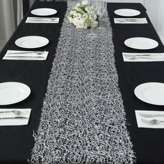 Elevate Your Event Decor with the Silver Sequin Mesh Schiffli Lace Table Runner