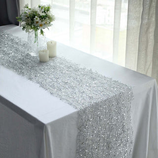 Add Sparkle to Your Table with the Silver Sequin Mesh Schiffli Lace Table Runner Add Sparkle to Your Table with the Silver Sequin Mesh Schiffli Lace Table Runner