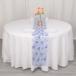 Elevate Your Table Setting with the White Blue French Toile Floral Print Satin Table Runner Elevate Your Table Setting with the White Blue French Toile Floral Print Satin Table Runner