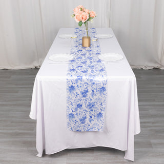 Create Unforgettable Moments with the White Blue Chinoiserie Floral Print Satin Table Runner