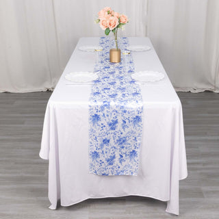Create Unforgettable Moments with the White Blue French Toile Floral Print Satin Table Runner Create Unforgettable Moments with the White Blue French Toile Floral Print Satin Table Runner