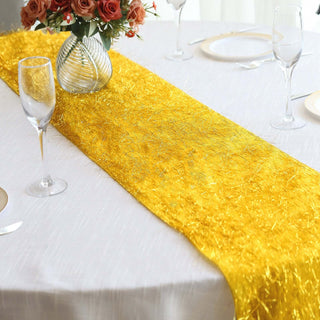 Add Elegance to Your Event with the Gold Metallic Fringe Shag Tinsel Table Runner Add Elegance to Your Event with the Gold Metallic Fringe Shag Tinsel Table Runner