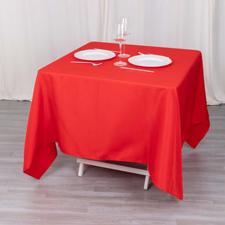 Enhance Your Event Decor with the 70"x70" Red Premium Polyester Square Table Overlay Enhance Your Event Decor with the 70"x70" Red Premium Polyester Square Table Overlay