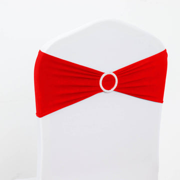 5 Pack 5"x14" Red Spandex Stretch Chair Sashes with Silver Diamond Ring Slide Buckle